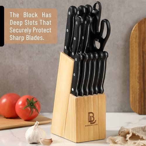 BAMBOO LAND- Kitchen Knife Set, 14 pcs, Stainless Steel Knife Set with Block and Sharpener