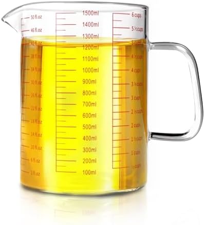 WhiteRhino Glass Measuring Cup,6Cup/1500ml/50oz Liquid Measuring Cups, Measuring Cup With Handle and V-Shaped Spout, Glass Beaker with Three Scales (OZ, Cup, ML), Dishwasher/Freezer/Microwave Safe