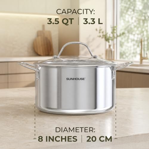 SUNHOUSE 3.5 QT Fully Clad Tri-ply Stainless Steel Stock Pot with Glass Lid