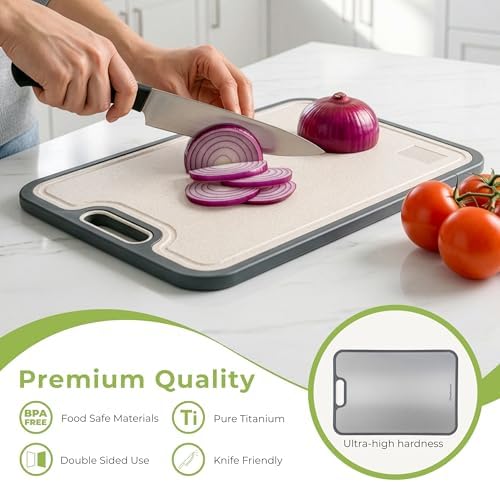 Freshware Titanium Cutting Board for Kitchen, Double Sided and Non Slip Cutting Boards, Pure Titanium/PP, Chopping Board with Juice Grooves, Dishwasher Safe, Large 15.2" by 10.5"