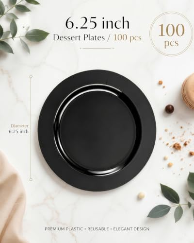 bUCLA 100 Pieces Black Plastic Plates - 6.25 inch Disposable Dessert/Salad/Appetizer/Small Cake Plates for Party, Graduation & New Year