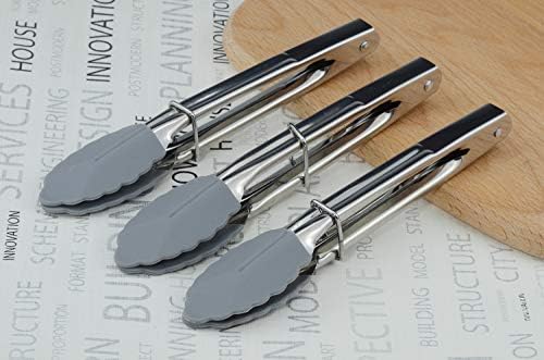 HINMAY 7 Inch Silicone Utility Tong Kitchen Tongs, Set of 3 (Gray)
