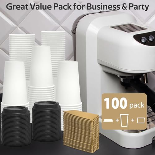 Dealusy 100 Pack 16 oz Disposable Coffee Cups with Sip Lids and Sleeves