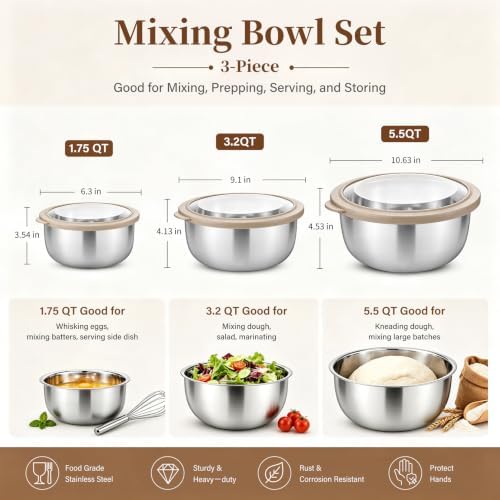 P&P CHEF Mixing Bowls with Lids Set of 3, Khaki Stainless Steel Salad Bowl