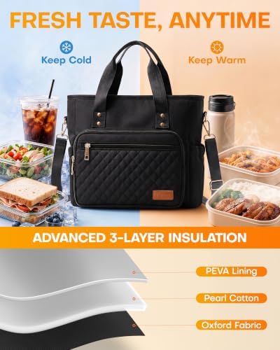 HOTOR Lunch Box Women Insulated Tote Bag Multiple Pockets Black