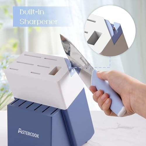 Astercook Kitchen Knife Set with Block and Sharpener 15 Piece German High Carbon Stainless Steel Sharp Blade Dishwasher Safe with Ergonomic Handle, Delicate Blue