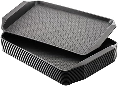 Cedilis 12 Pack Plastic Fast Food Trays for Eating, 17IN x 11.7IN Black Restaurant Serving Trays with Handles, Rectangular Cafeteria Tray for Coffee, Parties, Lunch Table, Kitchen, Non Skid
