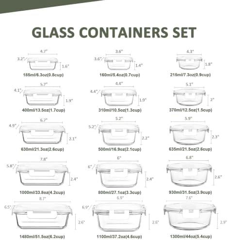 KOMUEE 30 Pieces Glass Food Storage Containers Set, White