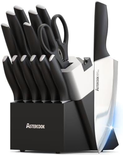 Astercook Knife Set, Kitchen Knives with Block and Sharpener 15 Pcs German Stainless Steel Sharp Blade Dishwasher Safe with Ergonomic Handle, Elegant Black