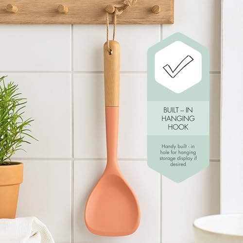 Beille 1pc Skimmer Spoon Beech Wood and Silicone Kitchen Utensils Meal Prep Cooking Baking Supplies Home Essentials, Coral
