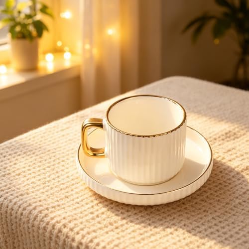 Ceramic Tea Cups Coffee Cup and Saucers Set of 4 (White)
