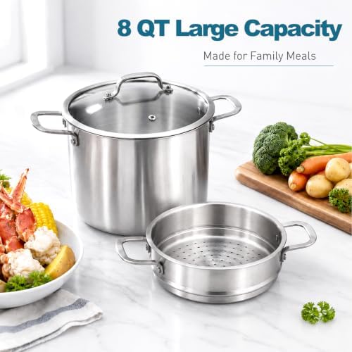 DELARLO 8 Quart Tri-Ply 18/10 Stainless Steel Stock Pot with Steamer