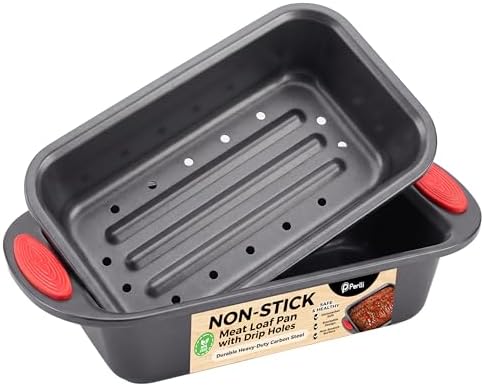 PERLLI Nonstick Meatloaf Pan with Drain Tray, Elevated Inner Pan for Fat and Grease Removal, Easy Grip Silicone Handles, Dishwasher Safe with Heavy-Duty Carbon Steel Bakeware for Even Heating (Gray)