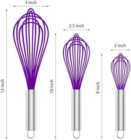 OYV Purple Silicone Whisk Set of 3, 8/10/12 Inch, Non-Scratch