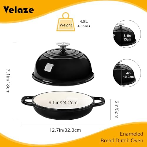Velaze 5 QT Enameled Cast Iron Dutch Oven for Bread Baking with Dome Lid