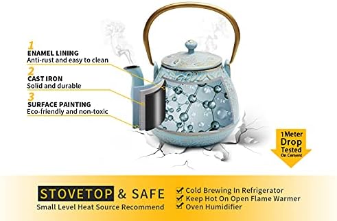 TOPTIER Japanese Cast Iron Tea Kettle with Stainless Steel Infuser, Cast Iron Teapot Stovetop Safe, Leaf Design Teapot Coated with Enameled Interior, 32 Ounce (950 ml), Turquoise Blue