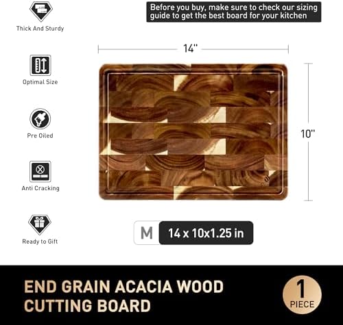 End Grain Cutting Board for Kitchen with Non-slip Feet, Acacia Wood