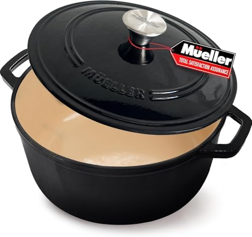 MUELLER HOME 4.5 QT Enameled Cast Iron Dutch Oven, Heavy-Duty Casserole Dish and Braiser Pan with Lid and Stainless Knob, Oven-Safe up to 500° F & Across All Cooktops, Black