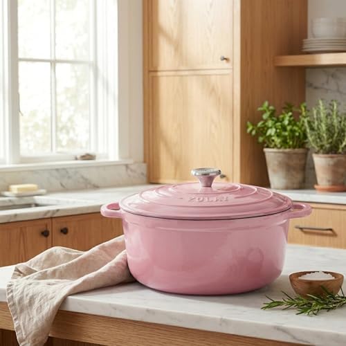 Zulay Kitchen 5 Quart Enameled Cast Iron Dutch Oven Pot with Lid – Premium Durability & Oven Safe up to 500°F – Heavy Duty Cookware Perfect for Bread Baking, Stews, Braising & Roasting – Pink