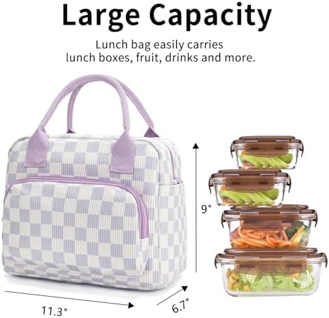 Lunch Bag Women Lunch Box for Women Adult Cute Insulated Lunch Bag Lager Cooler Lunch Tote Bags for Work Picnic (Beige-Purple Plaid)