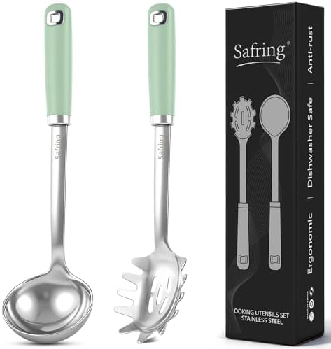 Safring Stainless Steel Soup Ladle and Spaghetti Spoon Set, Heat Resistant Rubber Handle, Dishwasher Safe, Kitchen Utensils for Cooking, Stirring, Serving Pasta, Soup & Sauce (Mint)