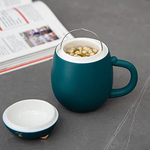 HEER Cat Ceramic Tea Mug 13.5oz with Infuser and Lid, Green