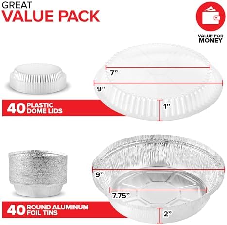 Stock Your Home 9" Round Aluminum Foil Pans with Lids (40 Pack) Pie Tins Disposable 9 Inch with Lid, To-Go Containers for Pies, Cheesecake, Cinnamon Rolls, Flan, 2" Deep Dish Cake Pan for Holidays