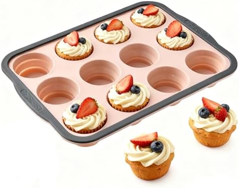 Silicone Muffin Pan for Baking with Metal Frame， Nonstick Cupcake Pan， 12 Cup Baking Pan for Cupcake, Tarts, Egg Bites(12 Cup Pink)
