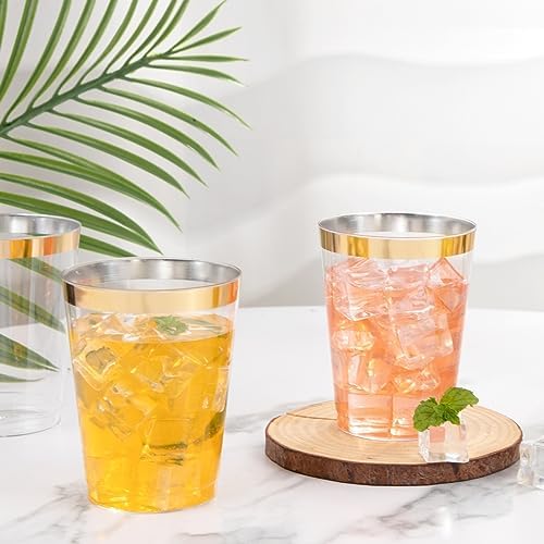 I00000 100 Pack Gold Plastic Cups, 10 OZ Clear Plastic Cups