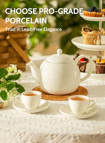 Sweese Porcelain Teapot, 40 Ounce Tea Pot - Large Enough for 5 Cups, White (Pack of 3)