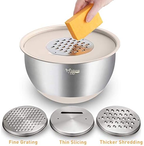 Wildone Mixing Bowls with Airtight Lids Set, 5PCS Stainless Steel Khaki Nesting Bowls for Kitchen, with Grater Attachments & Non-Slip Bottoms, Size 5, 3, 2, 1.5, 0.63 QT, Great for Mixing & Serving