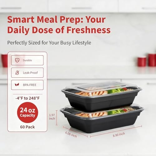 60 Pack 24 oz Plastic Meal Prep Containers with Lids,Microwave Safe