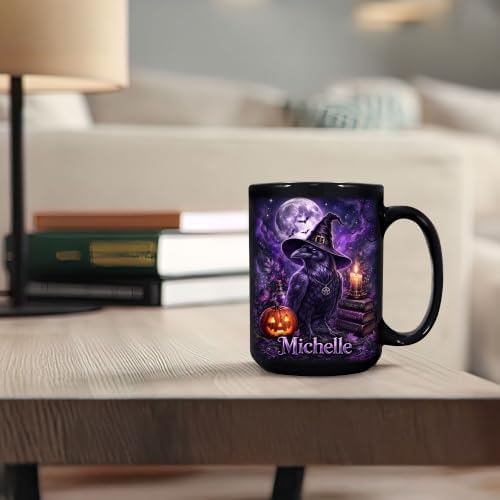 Hyturtle Personalized Halloween Raven Mug, Custom Name Gift for Women