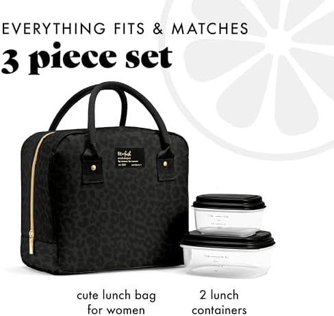 Fit & Fresh Bloomington Lunch Bag for Women - Insulated Large Lunch Box for Work with Containers, Leak-Resistant, Stain-Resistant, Zipper Closure, Black Feline Fine