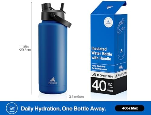 POWCAN 40 oz Insulated Water Bottle with 2-in-1 Straw and Spout Lid, Keep Cold 24H, Leak-Proof, BPA-Free, Double Wall Stainless Steel Water Bottle for Sports, Gym, Travel, and School (Pacific Ocean)