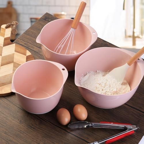 3 Small Mixing Bowls Set with Lids,Grips,Pour Spout and TPR Bottom, Plastic Nesting Bowl Use for Kitchen Cooking-Prep,Serving,Baking Bread Cake,Pancake,Non-slip,3Qt,2Qt,1.5Qt,Pink