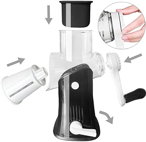 Rotary Cheese Grater Shredder 5-in-1 Tumbling Box Mandoline Vegetable Julienne Slicer Waffle Cutter Nut Chopper, Black