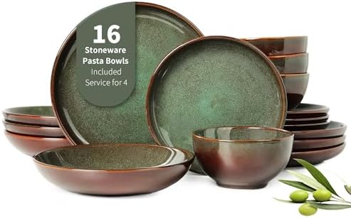Pokini Stoneware Dinnerware Sets for 4, 16pcs Plates and Bowls Sets Dishes