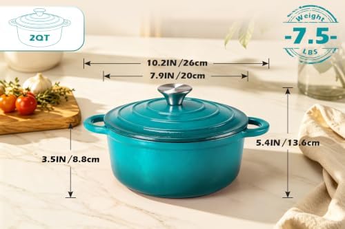 Leonyo 2-Quart Small Enameled Cast Iron Dutch Oven Pot with Lid, Lake Green