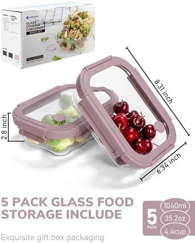 5-Pack Borosilicate Glass Containers with Tempered Lids, 35.2oz/4.4 Cup Airtight Meal Prep Set, Microwave/Freezer Safe (Pink)
