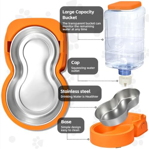 HWONMTE Portable Automatic Cat Feeder and Water Dispenser with Stainless Steel Bowl Dog Gravity Food Feeder and Waterer for Small Medium Pets Puppy Kitten 1 Gallon x 2 (Orange)