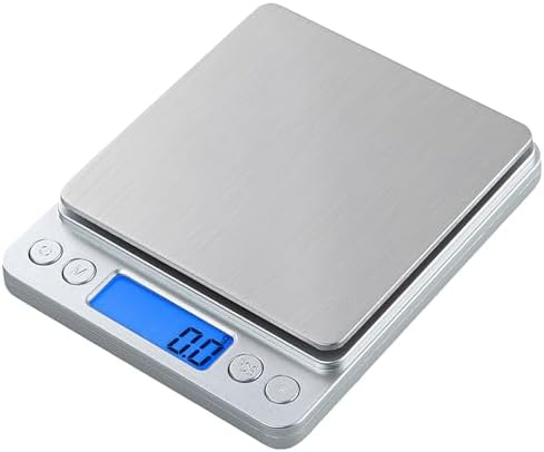 Small Digital Scale,3kg/0.1g,6.6lb,Kitchen Scale,Food Scale,with Blue Backlit LCD Display, 6 Units, Auto Off, Tare, PCS Function, Stainless Steel, Battery Included