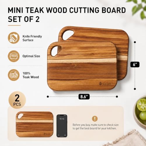 Socisen 2-Pack Small Teak Cutting Boards, 8.6" Mini Wood Charcuterie Board