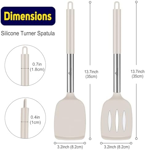 HOTEC Silicone Spatula Set of 2 Heat-Resistant 600°F & BPA-Free Kitchen SaptulaTurner with Stainless Steel Handles, Slotted & Solid Spatulas for Nonstick Cookware, 13.7 Inch, Khaki