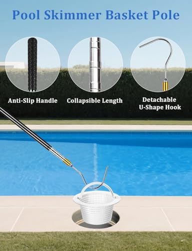 Pool Skimmer Basket Hook, Extendable Pool Filter Skimmer with Anti-Slip Handle, 63.4 Inch Skimmer Basket Pole, Pool Lid Basket Lift Tool Cleaning Tool, for Pool Skimmer Basket with Handle