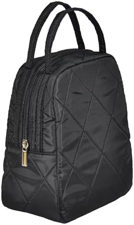 Machine Washable Women Quilted Fabric Insulated Reusable Cooler Lunch Bag Tote Adult Thermal Lunch Box Storage Bag for Ｗork (Black #2)