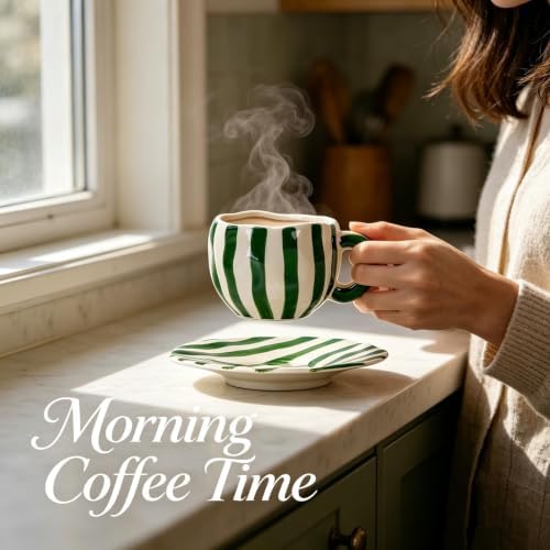 Espresso Cups Ceramic Coffee Mug Series European Striped Dot Coffee Cup And Saucer Mug Cake Plate Afternoon Tea Set Tea Cup And Saucer (Green 4)
