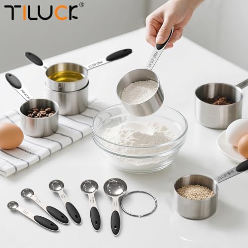 TILUCK Stainless Steel Measuring Cups and Spoons Set with Silicone Handle – Nesting Design for Space-Saving, Heavy Duty & Dishwasher Safe for Dry/Liquid Ingredients, Cooking & Baking (12)