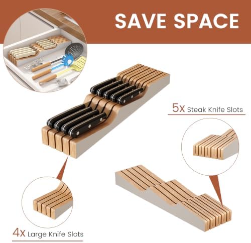 In-Drawer Knife Block Organizer - Bamboo Wood Drawer Knife Organizer-Protecting Knife Organizer Block (Not Included) (White, 9 Knives Dock)