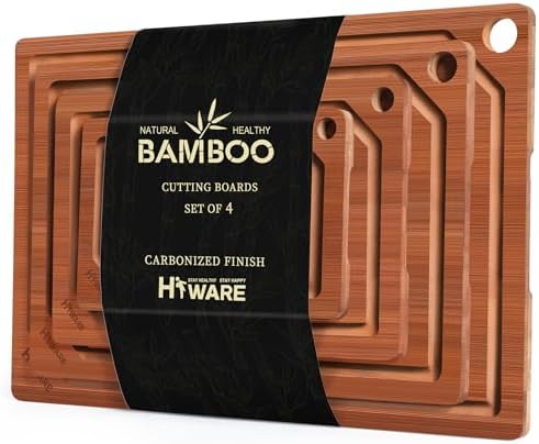 Hiware 4 Pieces Extra Large Wooden Cutting Boards Set- Bamboo Cutting Boards for Kitchen Meal Prep & Serving, Cutting Board with Deep Juice Groove & Built-in Handles, Charcuterie & Chopping Board